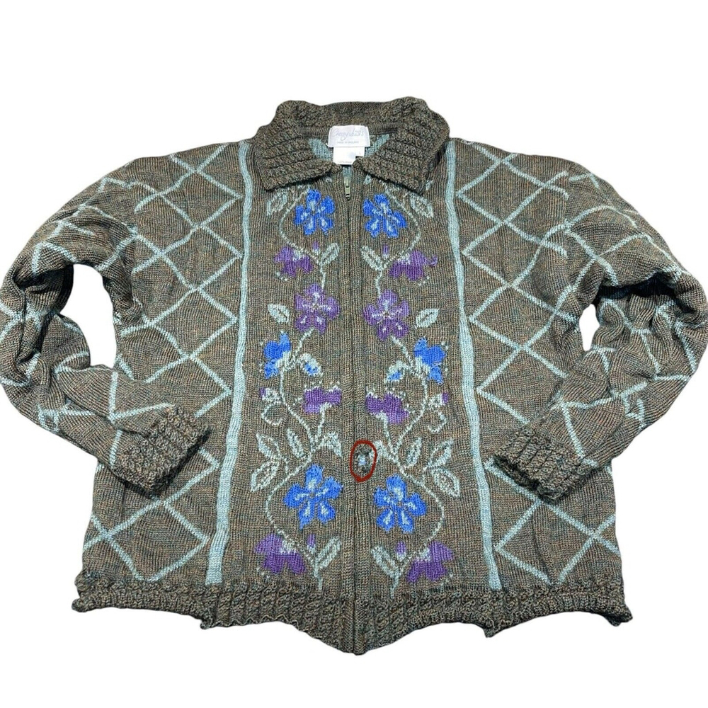 Cherry Lewis Sweater Jacket Green Wool Floral Knit Zip Cardigan England Lg READ